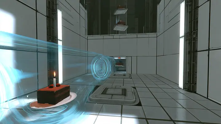 cinematic film still tracking alongside a black forest chocolate cake with cherries and one lit candle as it floats on its white plate inside a translucent blue excursion funnel, a glowing tractor beam of swirling…
