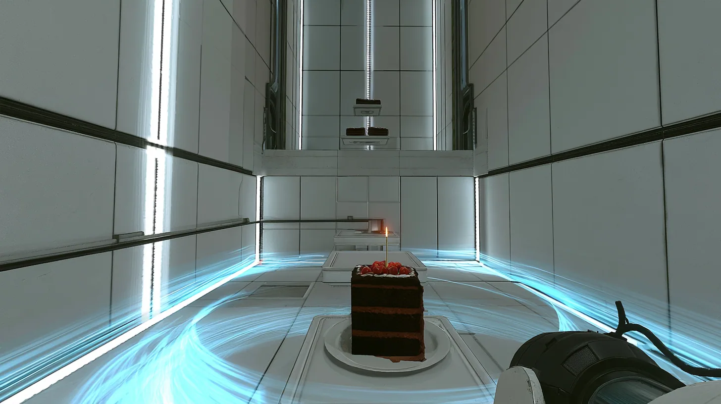 cinematic film still tracking alongside a black forest chocolate cake with cherries and one lit candle as it floats on its white plate inside a translucent blue excursion funnel, a glowing tractor beam of swirling…