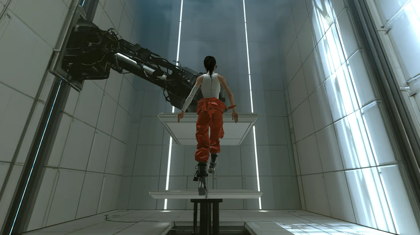 dramatic low-angle film still inside a tall white Portal 2 test chamber: at the top of her flight a woman in a white tank top and an orange jumpsuit tied at the waist, dark ponytail, long-fall boots, seen from behind…