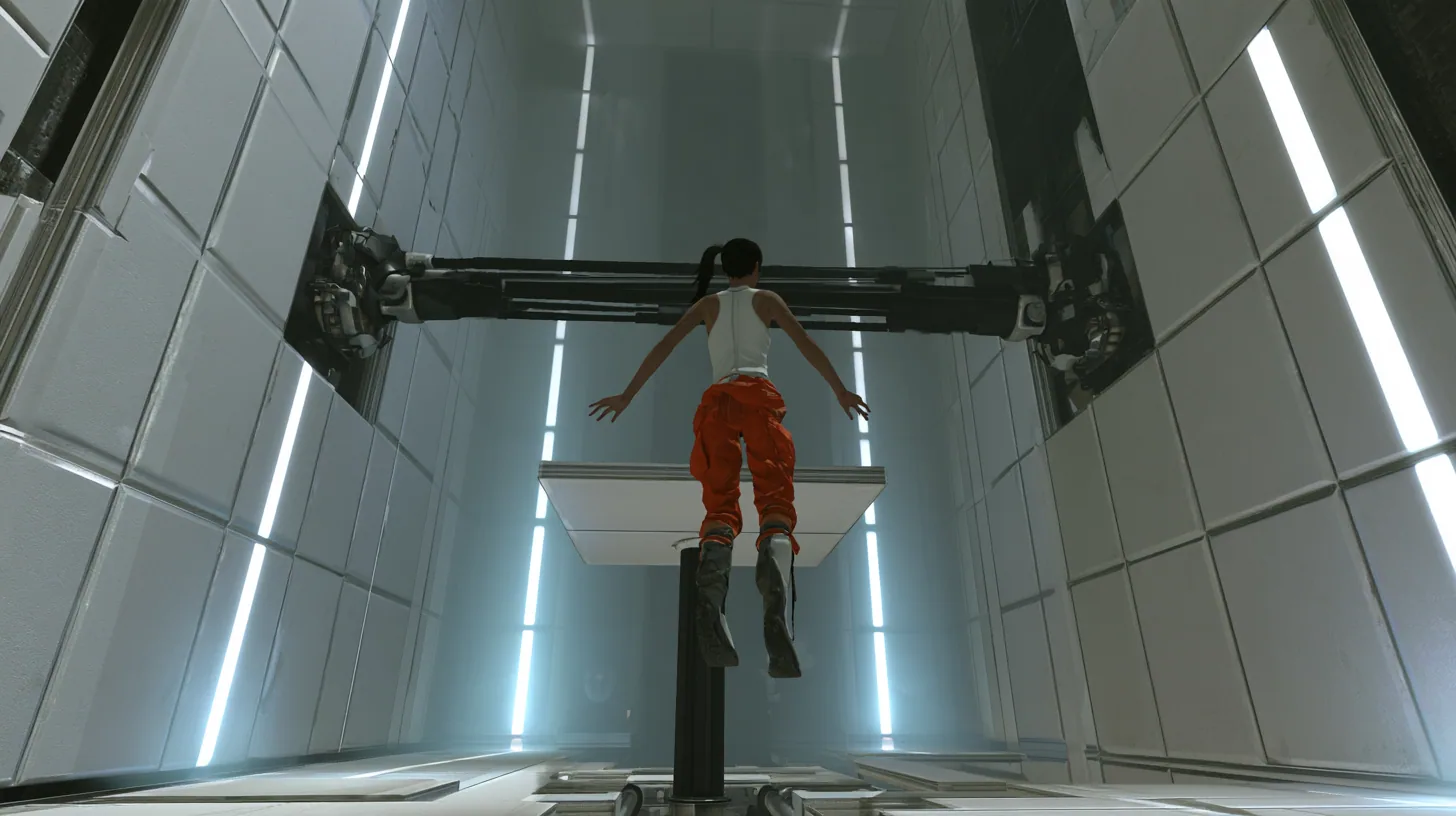 dramatic low-angle film still inside a tall white Portal 2 test chamber: at the top of her flight a woman in a white tank top and an orange jumpsuit tied at the waist, dark ponytail, long-fall boots, seen from behind…