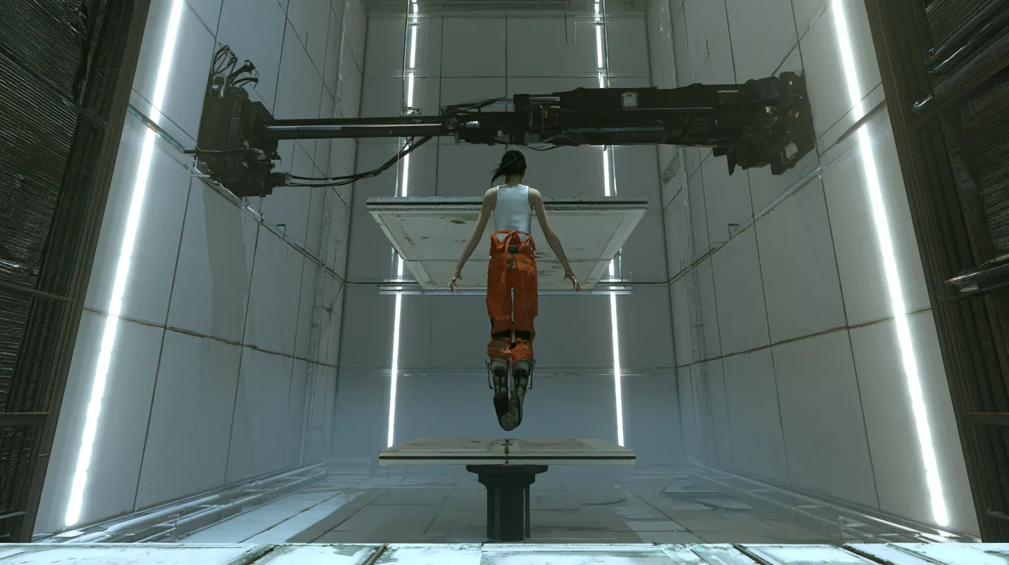 dramatic low-angle film still inside a tall white Portal 2 test chamber: at the top of her flight a woman in a white tank top and an orange jumpsuit tied at the waist, dark ponytail, long-fall boots, seen from behind…