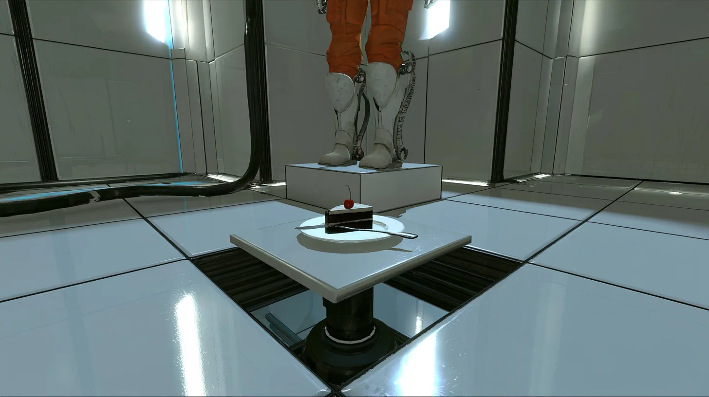low push-in film still, the camera thirty centimetres above the glossy tiles of a clean white Portal 2 test chamber: a small square floor panel is rising on a black piston, carrying one slice of black forest cake…