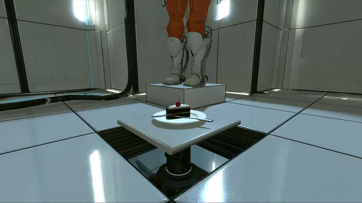 low push-in film still, the camera thirty centimetres above the glossy tiles of a clean white Portal 2 test chamber: a small square floor panel is rising on a black piston, carrying one slice of black forest cake…