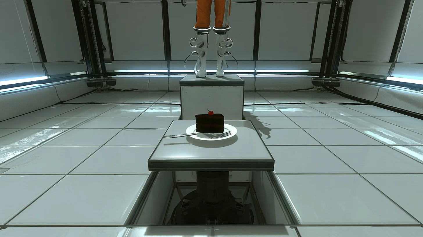 low push-in film still, the camera thirty centimetres above the glossy tiles of a clean white Portal 2 test chamber: a small square floor panel is rising on a black piston, carrying one slice of black forest cake…
