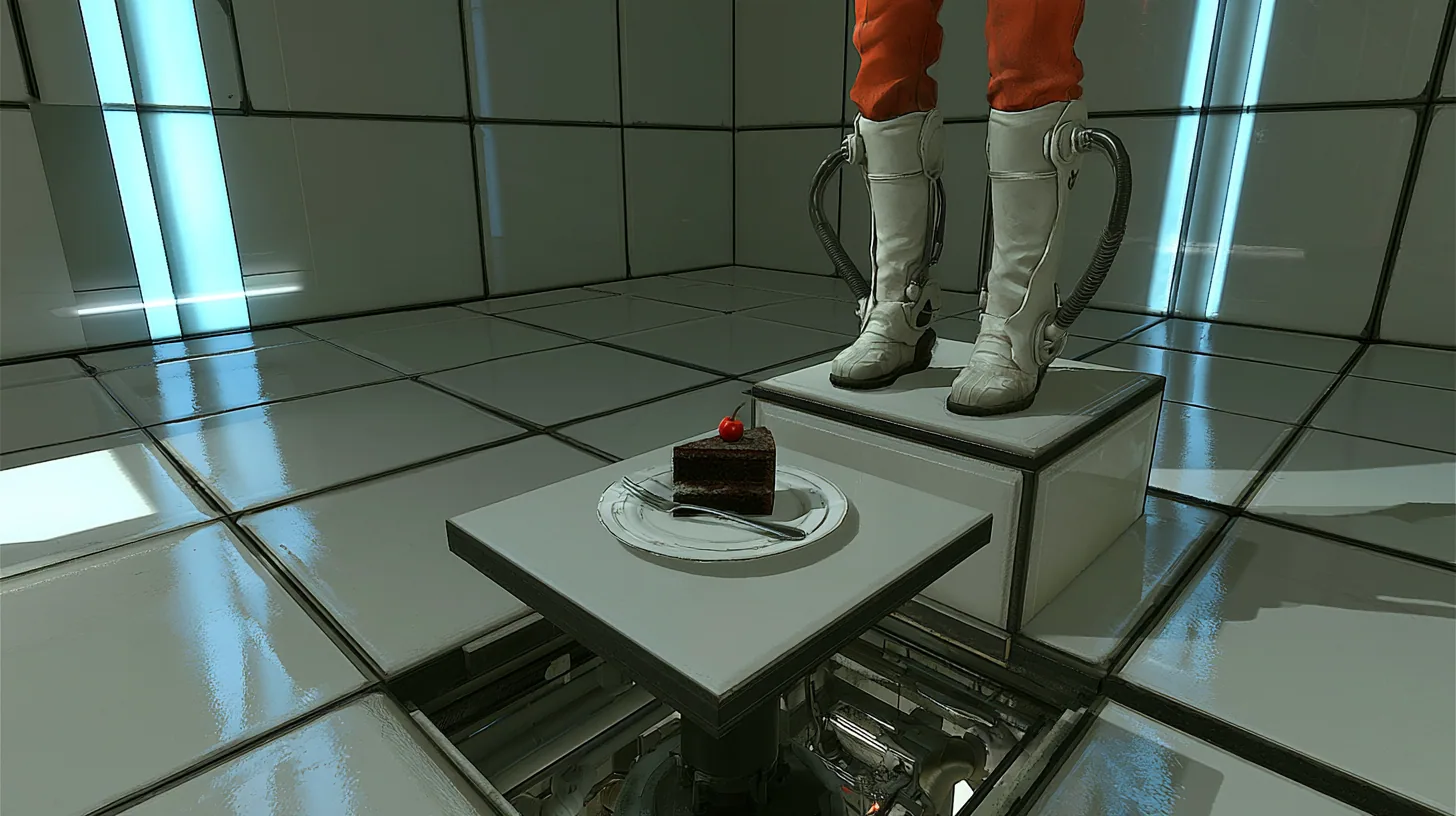 low push-in film still, the camera thirty centimetres above the glossy tiles of a clean white Portal 2 test chamber: a small square floor panel is rising on a black piston, carrying one slice of black forest cake…
