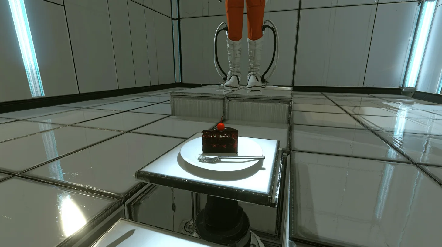 low push-in film still, the camera thirty centimetres above the glossy tiles of a clean white Portal 2 test chamber: a small square floor panel is rising on a black piston, carrying one slice of black forest cake…