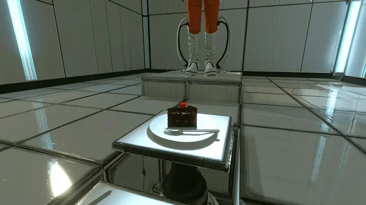 low push-in film still, the camera thirty centimetres above the glossy tiles of a clean white Portal 2 test chamber: a small square floor panel is rising on a black piston, carrying one slice of black forest cake…