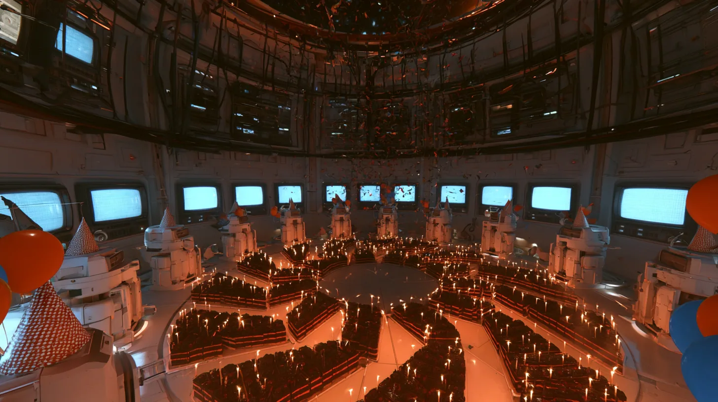 aerial drone film still swooping high over the white floor of a domed robot chamber at a party: a hundred black forest chocolate cakes with lit candles are laid out on the floor in a giant camera-shutter pattern,…