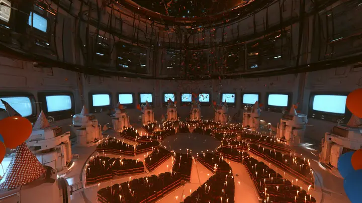 aerial drone film still swooping high over the white floor of a domed robot chamber at a party: a hundred black forest chocolate cakes with lit candles are laid out on the floor in a giant camera-shutter pattern,…