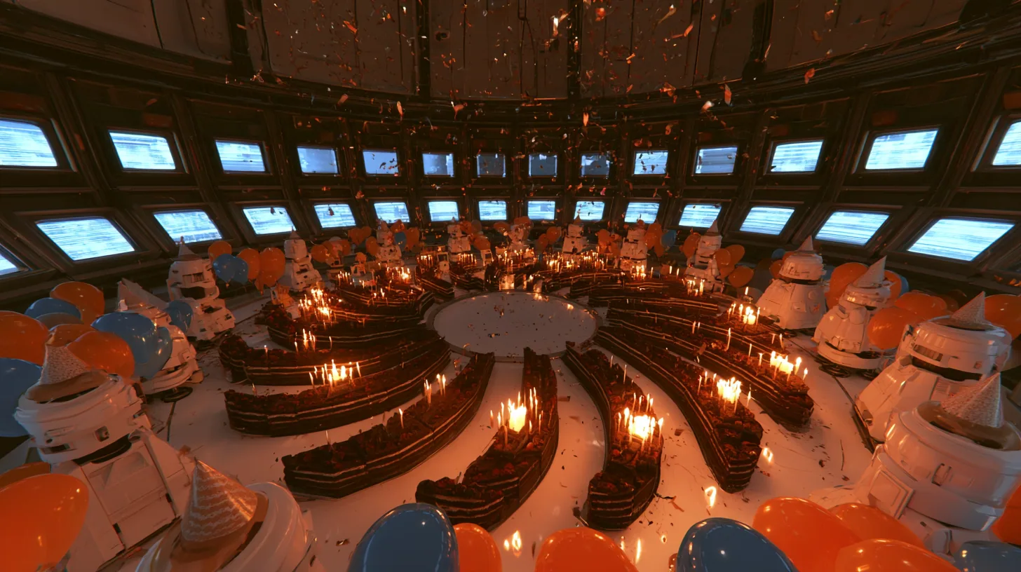 aerial drone film still swooping high over the white floor of a domed robot chamber at a party: a hundred black forest chocolate cakes with lit candles are laid out on the floor in a giant camera-shutter pattern,…