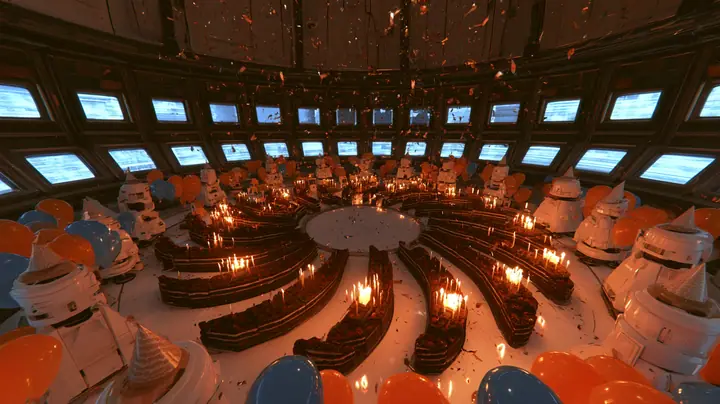aerial drone film still swooping high over the white floor of a domed robot chamber at a party: a hundred black forest chocolate cakes with lit candles are laid out on the floor in a giant camera-shutter pattern,…