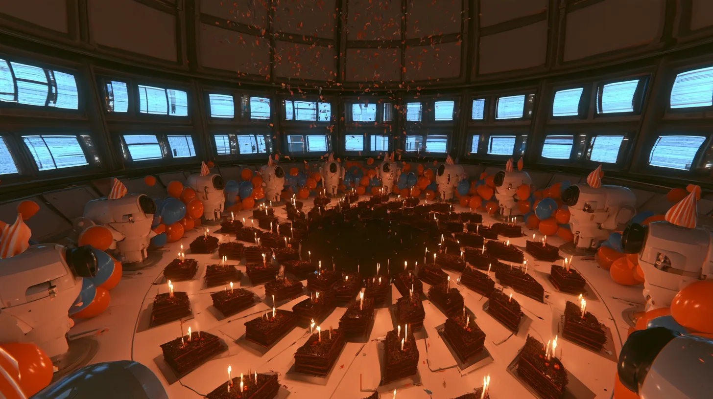 aerial drone film still swooping high over the white floor of a domed robot chamber at a party: a hundred black forest chocolate cakes with lit candles are laid out on the floor in a giant camera-shutter pattern,…