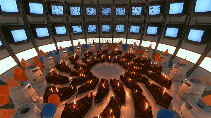 aerial drone film still swooping high over the white floor of a domed robot chamber at a party: a hundred black forest chocolate cakes with lit candles are laid out on the floor in a giant camera-shutter pattern,…
