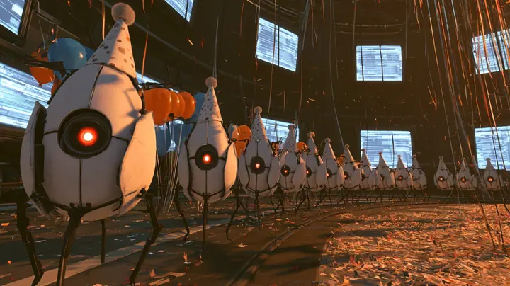 cinematic film still, a low dolly shot along a curving row of white egg-shaped Portal 2 sentry turrets, each with one glowing red eye, three thin black legs and a paper cone party hat with polka dots and a pom-pom,…