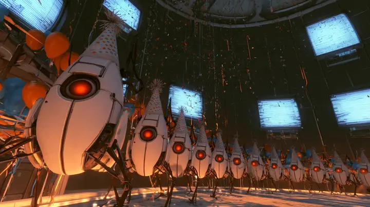 cinematic film still, a low dolly shot along a curving row of white egg-shaped Portal 2 sentry turrets, each with one glowing red eye, three thin black legs and a paper cone party hat with polka dots and a pom-pom,…