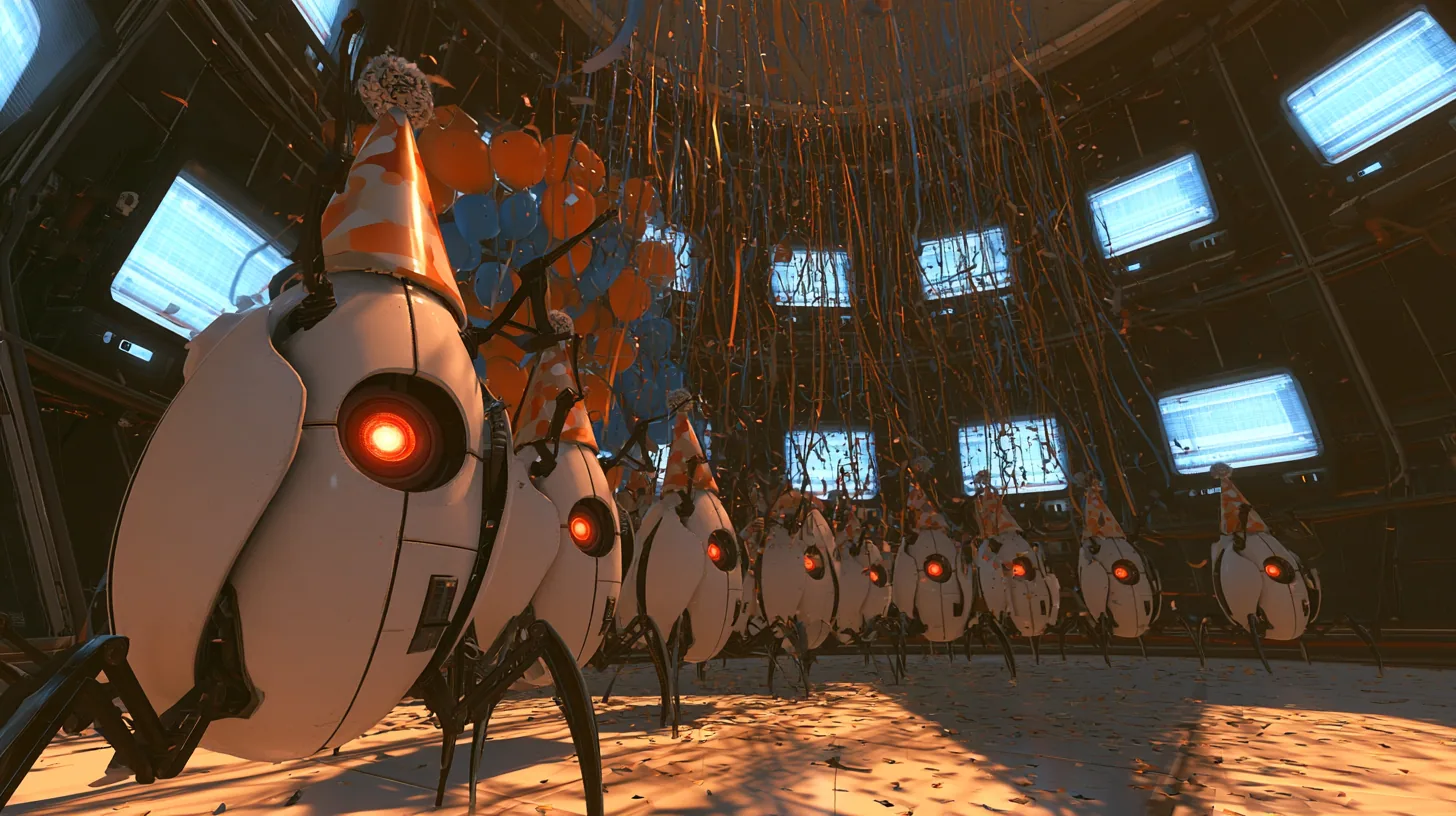 cinematic film still, a low dolly shot along a curving row of white egg-shaped Portal 2 sentry turrets, each with one glowing red eye, three thin black legs and a paper cone party hat with polka dots and a pom-pom,…