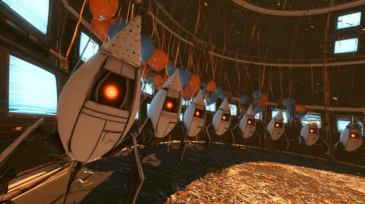 cinematic film still, a low dolly shot along a curving row of white egg-shaped Portal 2 sentry turrets, each with one glowing red eye, three thin black legs and a paper cone party hat with polka dots and a pom-pom,…
