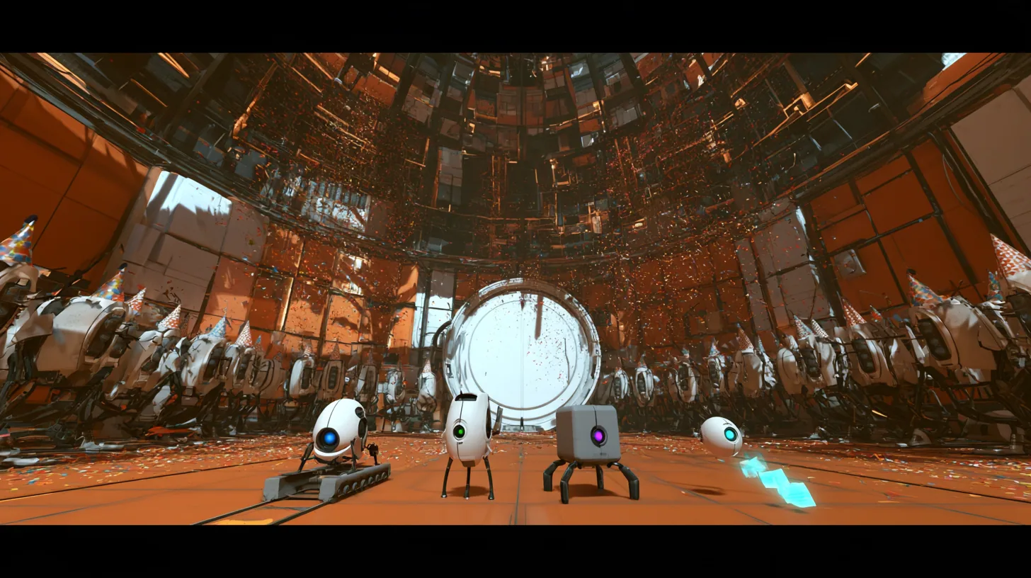 low-angle film still just above the floor of a party in a domed robot chamber, the camera dollying back: through a big round white door rolling open at the back, four small friendly robots arrive together toward the…