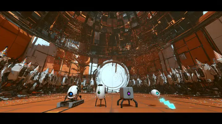low-angle film still just above the floor of a party in a domed robot chamber, the camera dollying back: through a big round white door rolling open at the back, four small friendly robots arrive together toward the…