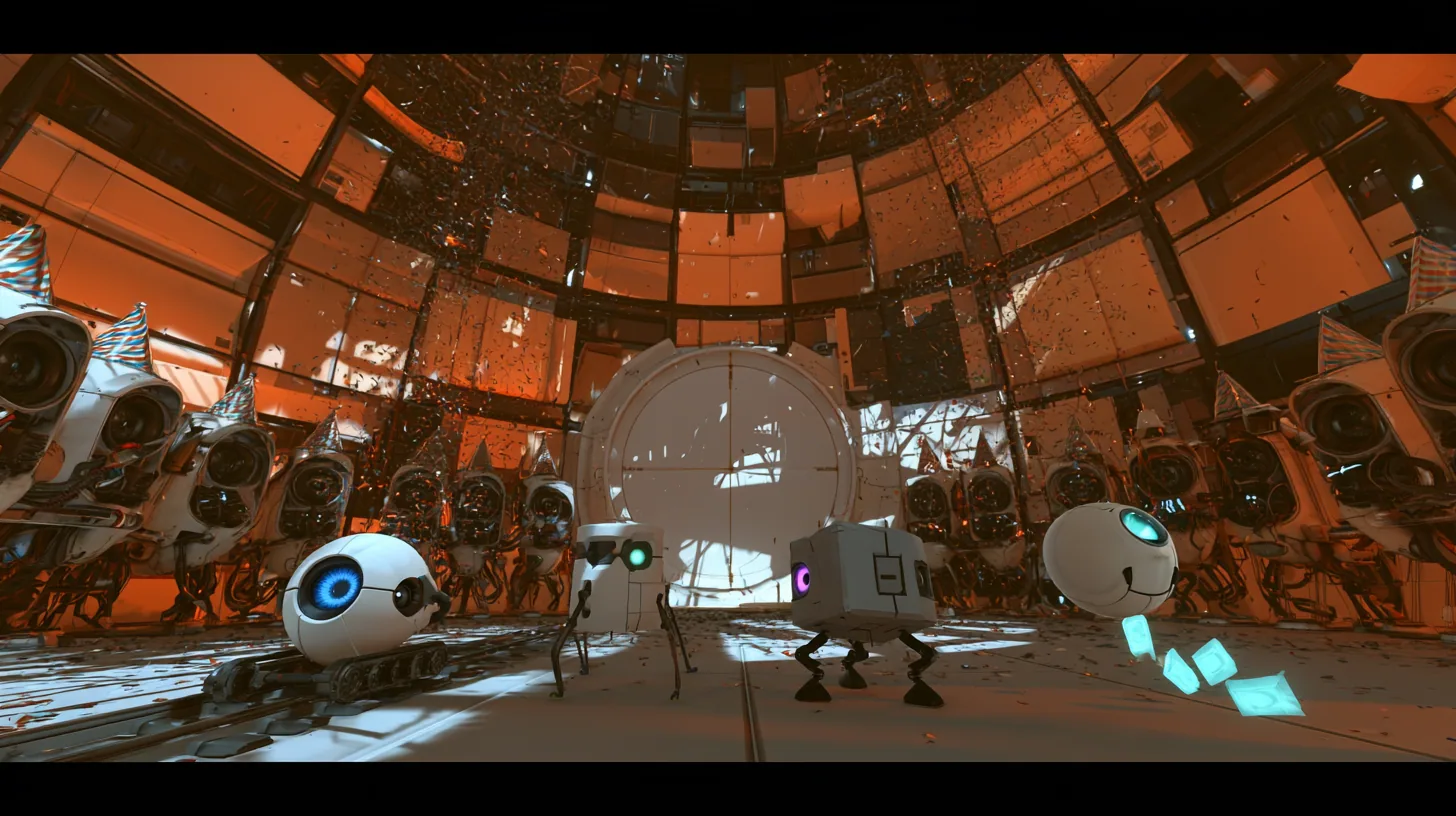 low-angle film still just above the floor of a party in a domed robot chamber, the camera dollying back: through a big round white door rolling open at the back, four small friendly robots arrive together toward the…