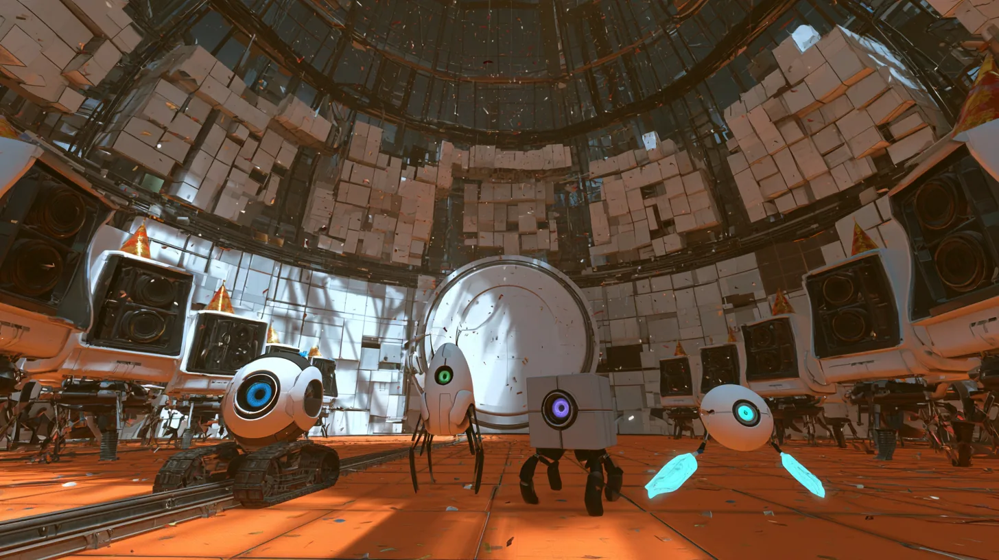 low-angle film still just above the floor of a party in a domed robot chamber, the camera dollying back: through a big round white door rolling open at the back, four small friendly robots arrive together toward the…