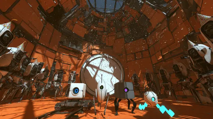 low-angle film still just above the floor of a party in a domed robot chamber, the camera dollying back: through a big round white door rolling open at the back, four small friendly robots arrive together toward the…