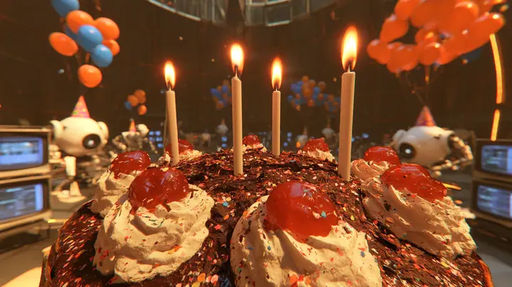 extreme close-up film still of candle flames on top of a black forest chocolate cake: four tall white candles with steady warm flames, swirls of white cream, glossy red cherries and chocolate shavings dusted with…