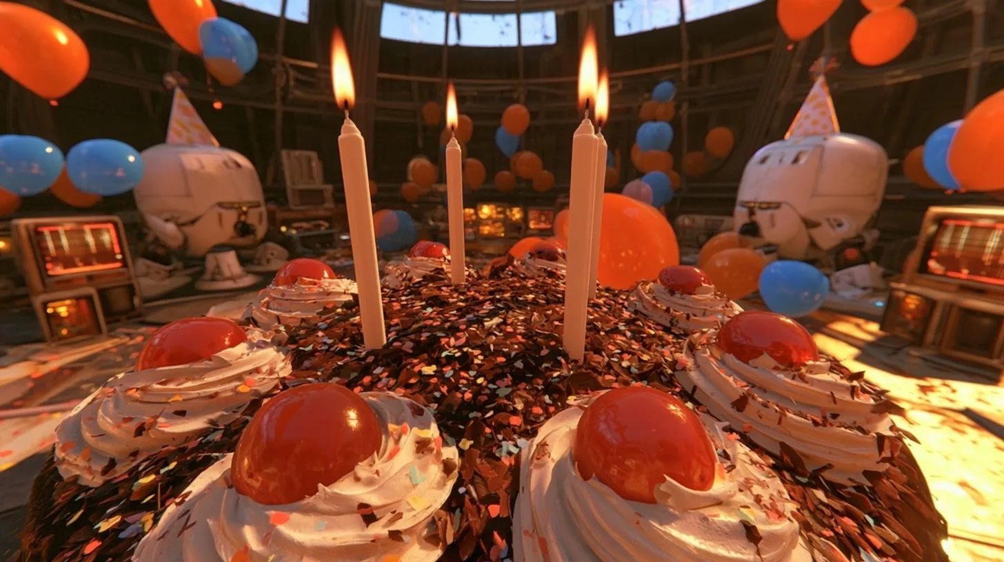 extreme close-up film still of candle flames on top of a black forest chocolate cake: four tall white candles with steady warm flames, swirls of white cream, glossy red cherries and chocolate shavings dusted with…