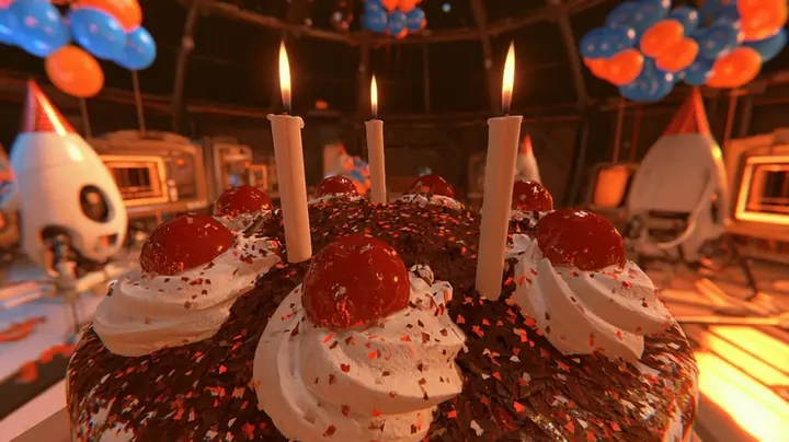 extreme close-up film still of candle flames on top of a black forest chocolate cake: four tall white candles with steady warm flames, swirls of white cream, glossy red cherries and chocolate shavings dusted with…