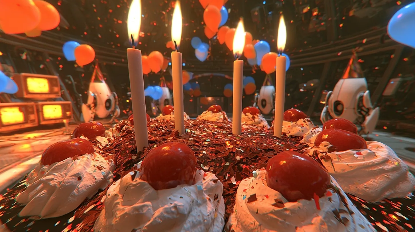 extreme close-up film still of candle flames on top of a black forest chocolate cake: four tall white candles with steady warm flames, swirls of white cream, glossy red cherries and chocolate shavings dusted with…
