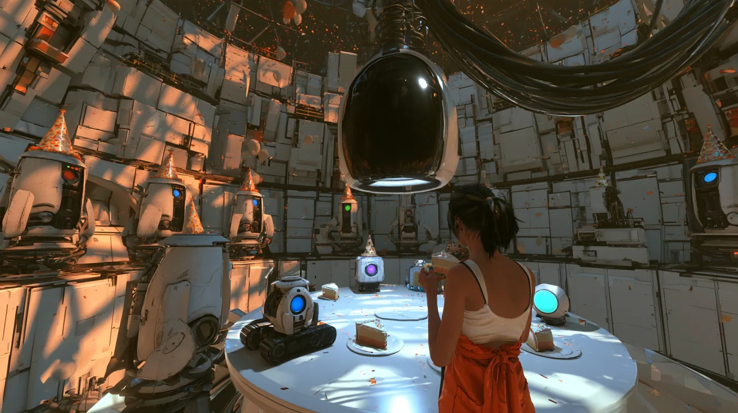 wide high-angle film still of a happy party around a round white table in a domed robot chamber, the camera beginning to crane up: turrets in paper party hats and four small robots, a blue-eyed core on a rail…