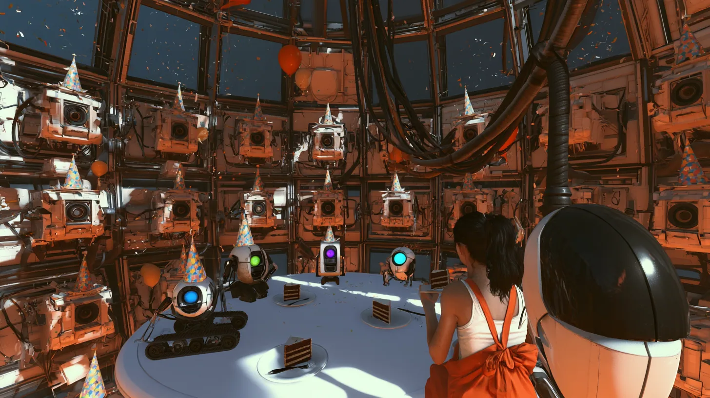 wide high-angle film still of a happy party around a round white table in a domed robot chamber, the camera beginning to crane up: turrets in paper party hats and four small robots, a blue-eyed core on a rail…