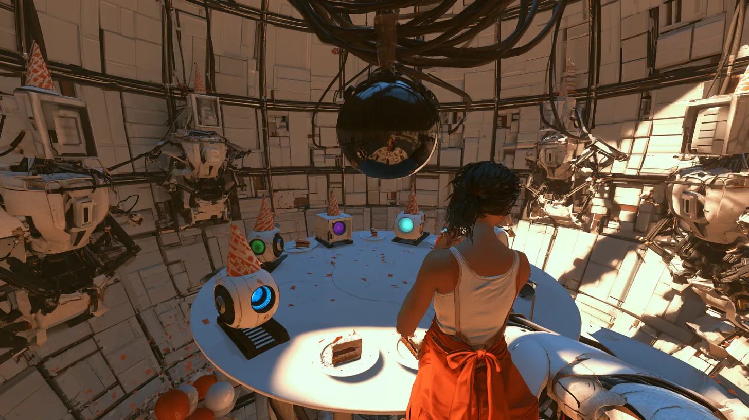 wide high-angle film still of a happy party around a round white table in a domed robot chamber, the camera beginning to crane up: turrets in paper party hats and four small robots, a blue-eyed core on a rail…