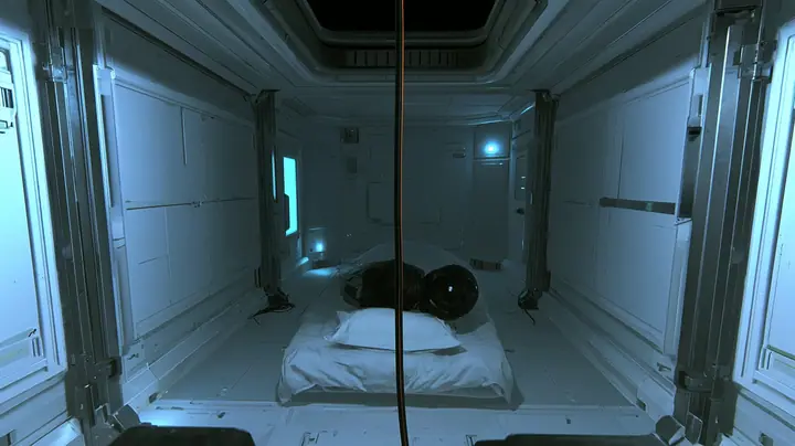 top-down cinematic film still looking straight down from just under the ceiling of a small white-panelled sleeping room at night: on the bed far below, a woman with dark hair curled on her side, face hidden in the…
