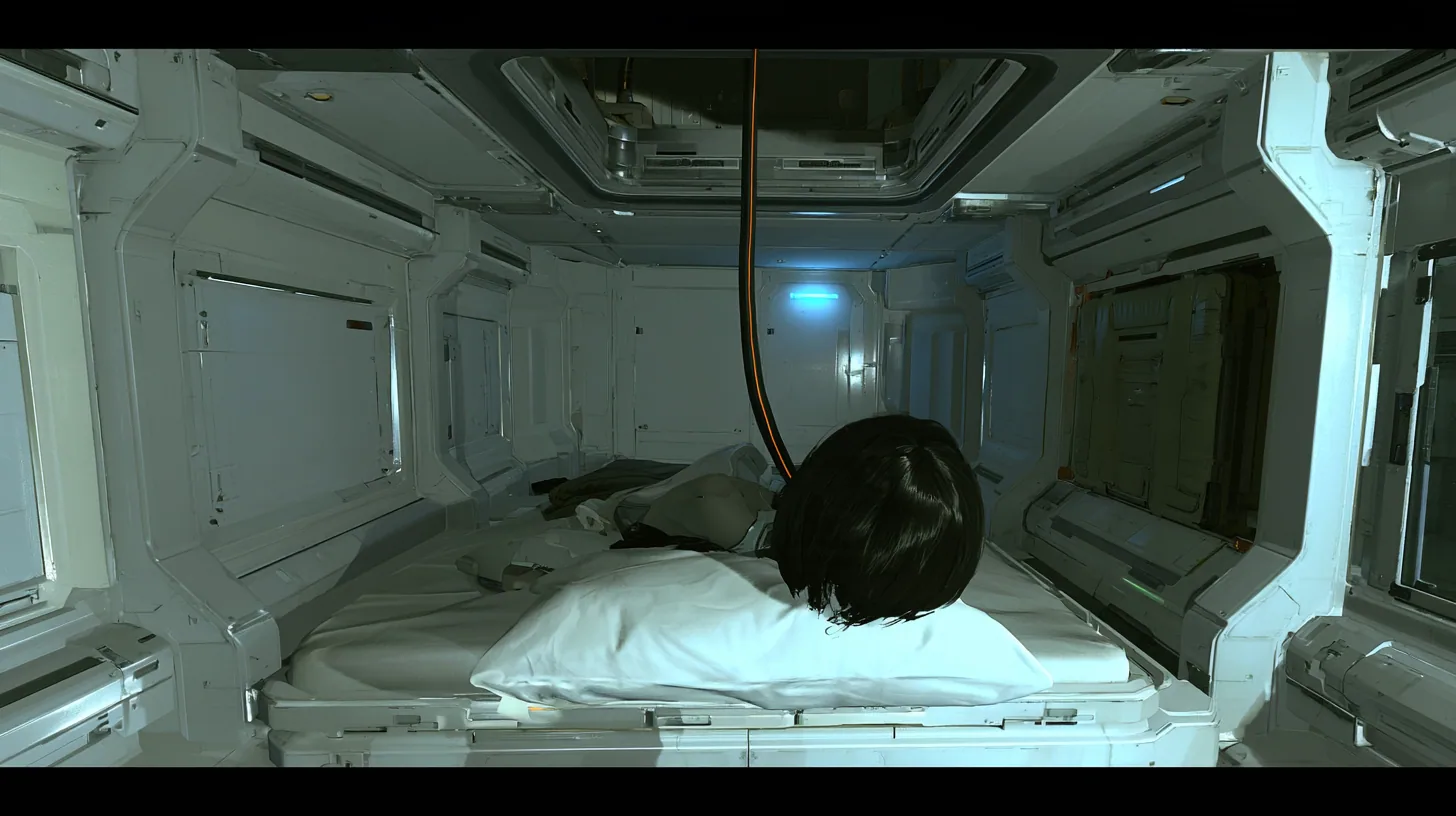 top-down cinematic film still looking straight down from just under the ceiling of a small white-panelled sleeping room at night: on the bed far below, a woman with dark hair curled on her side, face hidden in the…
