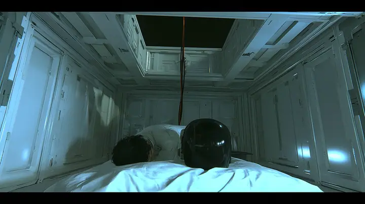 top-down cinematic film still looking straight down from just under the ceiling of a small white-panelled sleeping room at night: on the bed far below, a woman with dark hair curled on her side, face hidden in the…