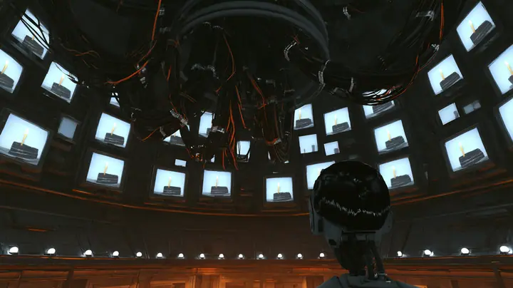cinematic film still of a vast dark domed robot chamber at the end of the night, the camera beginning a slow pull back: every old CRT monitor and screen panel on the curved walls glows with the same picture of a…