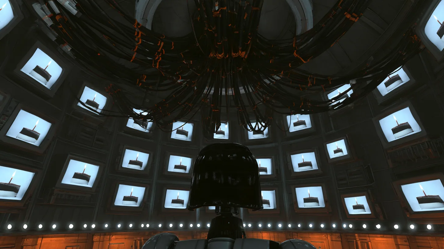 cinematic film still of a vast dark domed robot chamber at the end of the night, the camera beginning a slow pull back: every old CRT monitor and screen panel on the curved walls glows with the same picture of a…