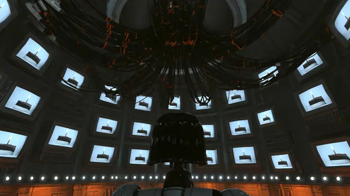 cinematic film still of a vast dark domed robot chamber at the end of the night, the camera beginning a slow pull back: every old CRT monitor and screen panel on the curved walls glows with the same picture of a…