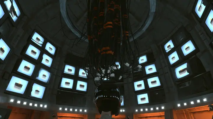cinematic film still of a vast dark domed robot chamber at the end of the night, the camera beginning a slow pull back: every old CRT monitor and screen panel on the curved walls glows with the same picture of a…