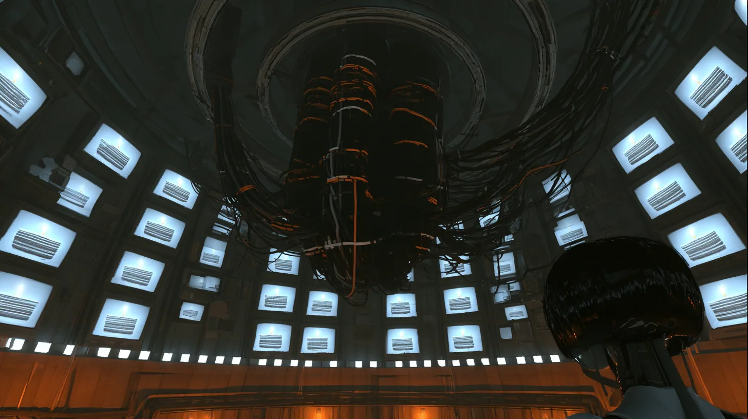 cinematic film still of a vast dark domed robot chamber at the end of the night, the camera beginning a slow pull back: every old CRT monitor and screen panel on the curved walls glows with the same picture of a…