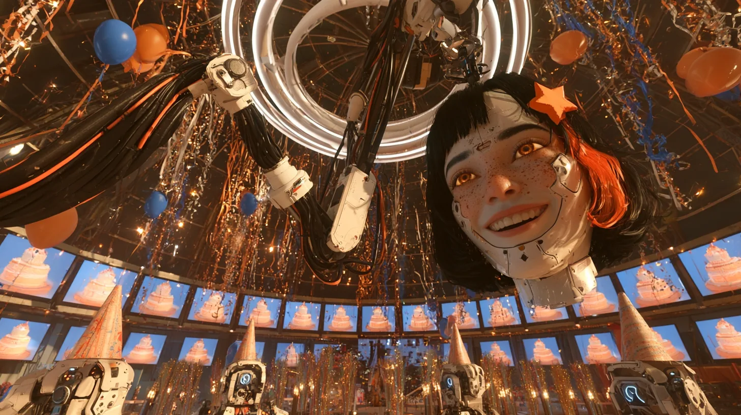 cinematic film still of a party in a dark domed chamber lit gold: from a double white ring in the ceiling hangs a large porcelain robot woman's head with panel seams, freckles, shining amber eyes, a black bob with…