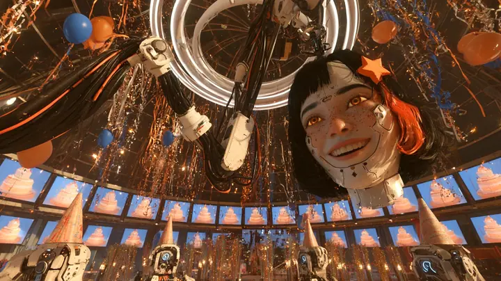 cinematic film still of a party in a dark domed chamber lit gold: from a double white ring in the ceiling hangs a large porcelain robot woman's head with panel seams, freckles, shining amber eyes, a black bob with…