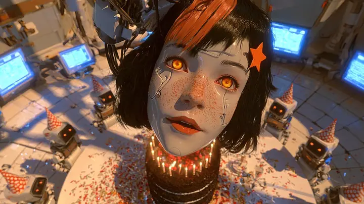 high-angle film still from above and in front: a large porcelain robot woman's head with seams, freckles and bright amber eyes, a black bob with bangs, one clay-orange streak and an orange star clip, lowered on her…