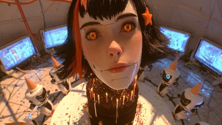 high-angle film still from above and in front: a large porcelain robot woman's head with seams, freckles and bright amber eyes, a black bob with bangs, one clay-orange streak and an orange star clip, lowered on her…