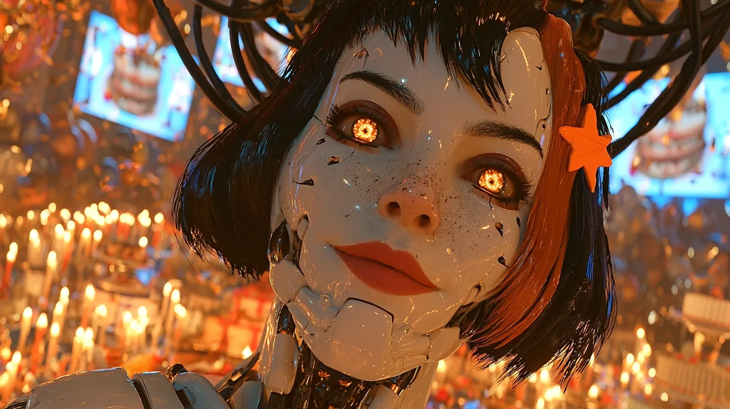 warm close-up cinematic still: the porcelain face of a robot woman fills the frame, panel seams, freckles, a mechanical jaw, glowing amber eyes bright with happiness, lips gently parted, glossy black bob with bangs,…