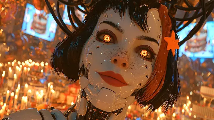warm close-up cinematic still: the porcelain face of a robot woman fills the frame, panel seams, freckles, a mechanical jaw, glowing amber eyes bright with happiness, lips gently parted, glossy black bob with bangs,…