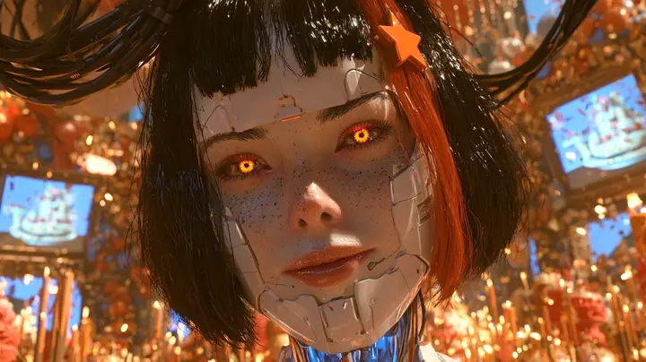 warm close-up cinematic still: the porcelain face of a robot woman fills the frame, panel seams, freckles, a mechanical jaw, glowing amber eyes bright with happiness, lips gently parted, glossy black bob with bangs,…