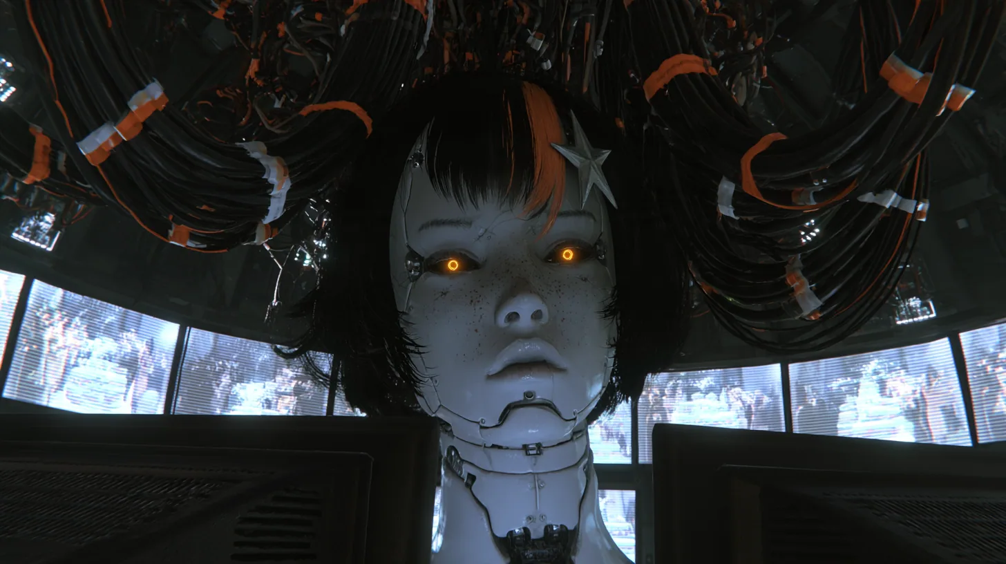 lonely cinematic still in a dark control dome lit only by screens: past the soft black backs of CRT monitors in the foreground, a large porcelain robot woman's head with seams, freckles, glowing amber eyes, a black…