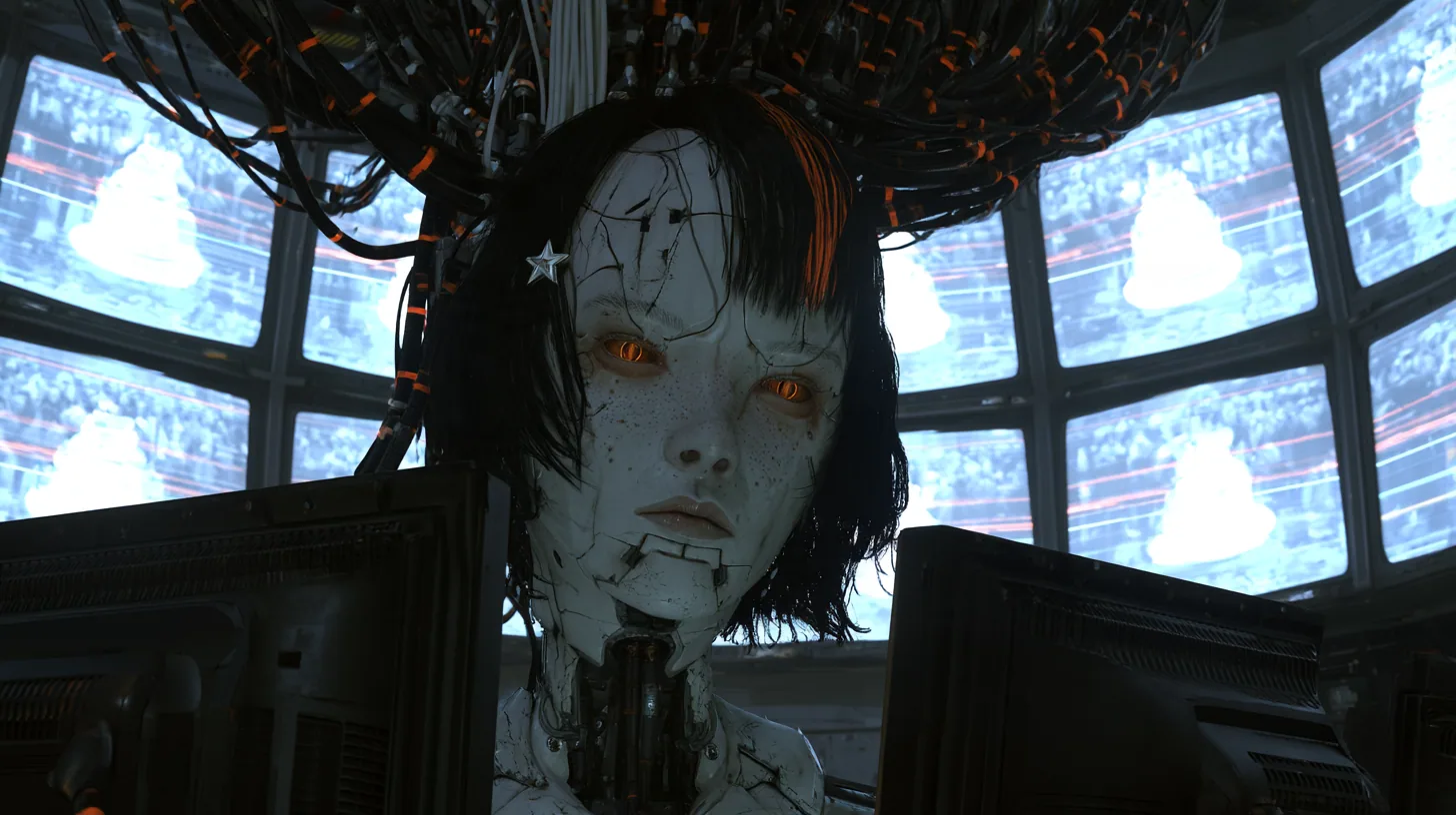 lonely cinematic still in a dark control dome lit only by screens: past the soft black backs of CRT monitors in the foreground, a large porcelain robot woman's head with seams, freckles, glowing amber eyes, a black…
